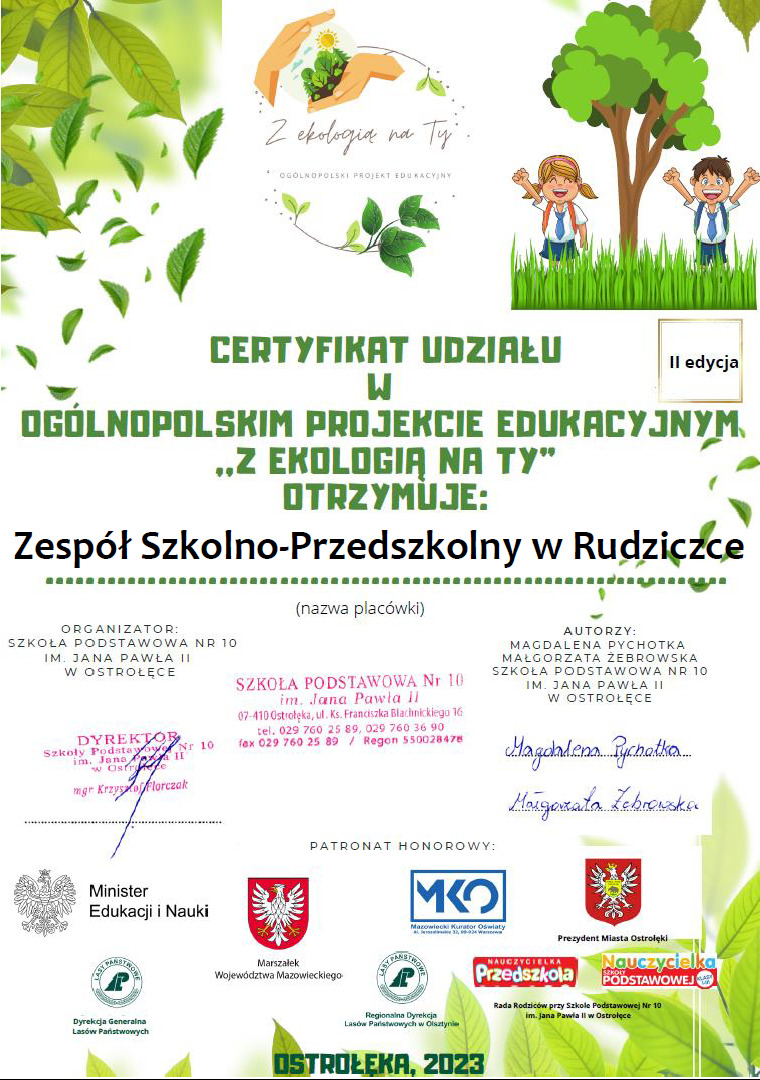 Nasza szkoła z certyfikatem udziału w projekcie “Z ekologią na TY”! - Obrazek 1
