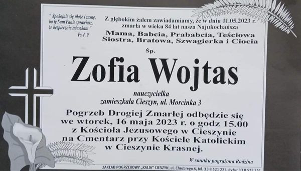 Zmarła Pani Zofia Wojtas  - Obrazek 1