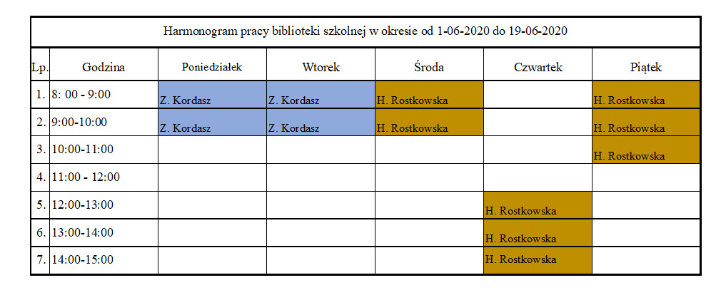 Harmonogram pracy biblioteki szkolnej w okresie od 1-06-2020 do 19-06-2020 - Obrazek 1