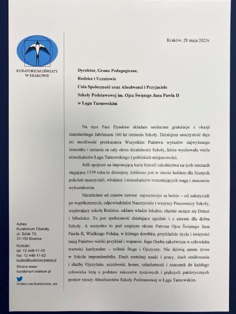 List gratulacyjny od Małopolskiej Kurator Oświaty - Obrazek 1