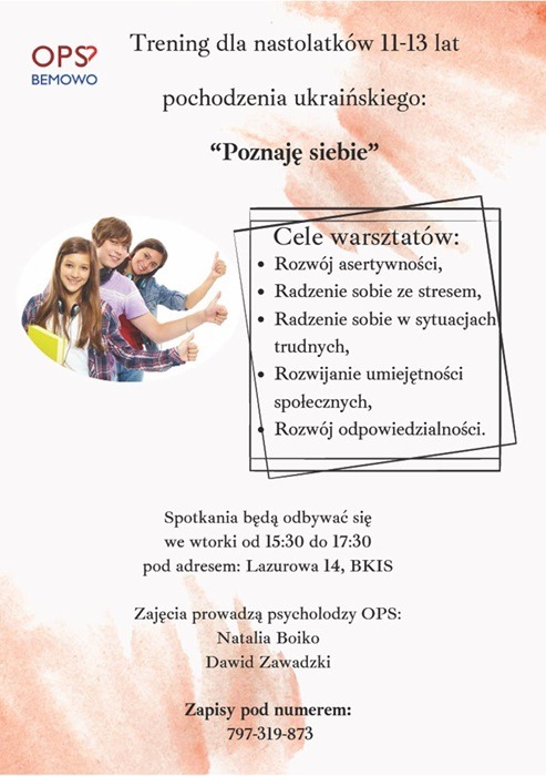 Plakat informujący o treningu psychologicznym dla nastolatków z Ukrainy