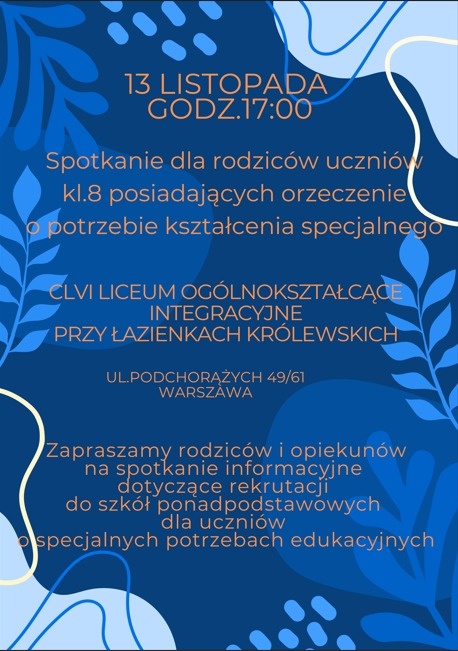 13 listopada godz. 17,00 - CLVI Liceum Ogólnokształcące Integracyjne