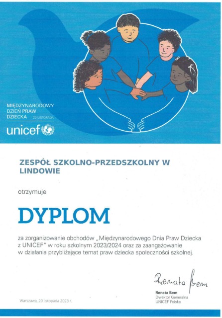 Dyplom dla Zespołu za realizację Międzynarodowego Dnia Praw Dziecka z UNICEF