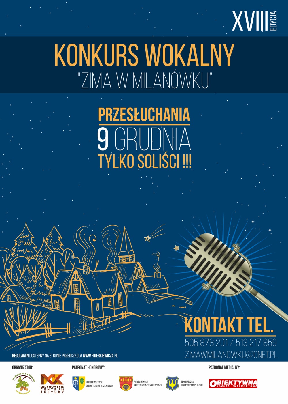 Plakat XVIII edycji Konkursu Wokalnego "Zima w Milanówku". Przesłuchania 9 grudnia - tylko soliści.