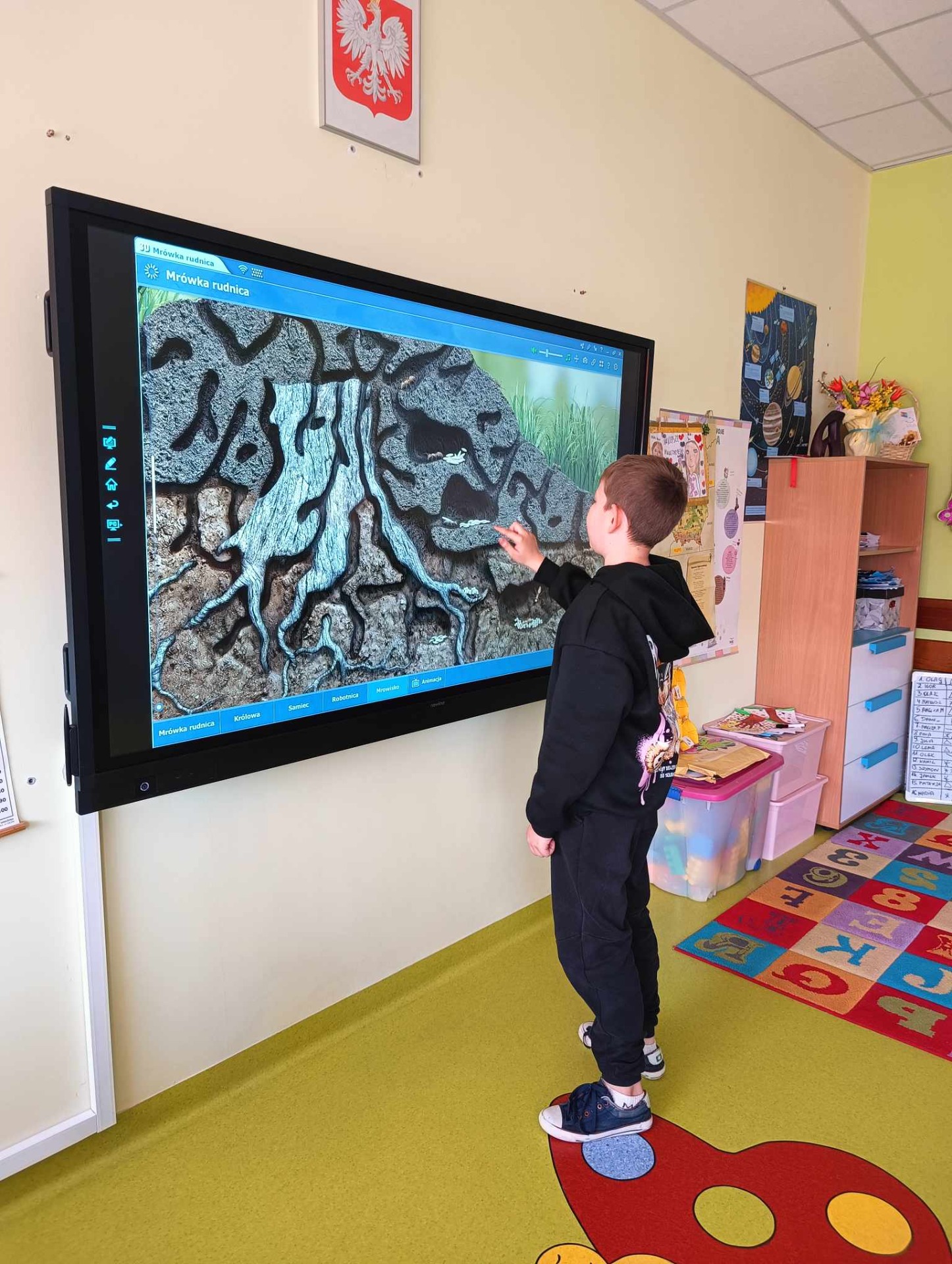 Uczeń przy monitorze interaktywnym.