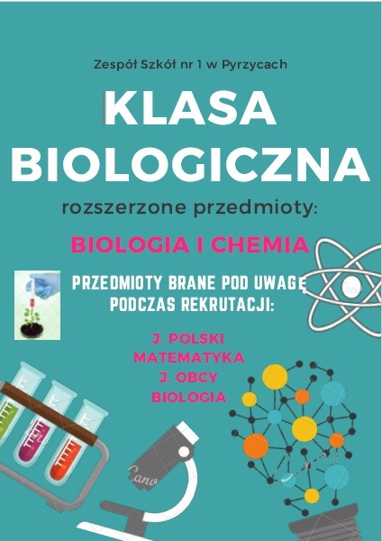 Klasa biologiczna - plakat informujący o przedmiotach rozszerzonych.