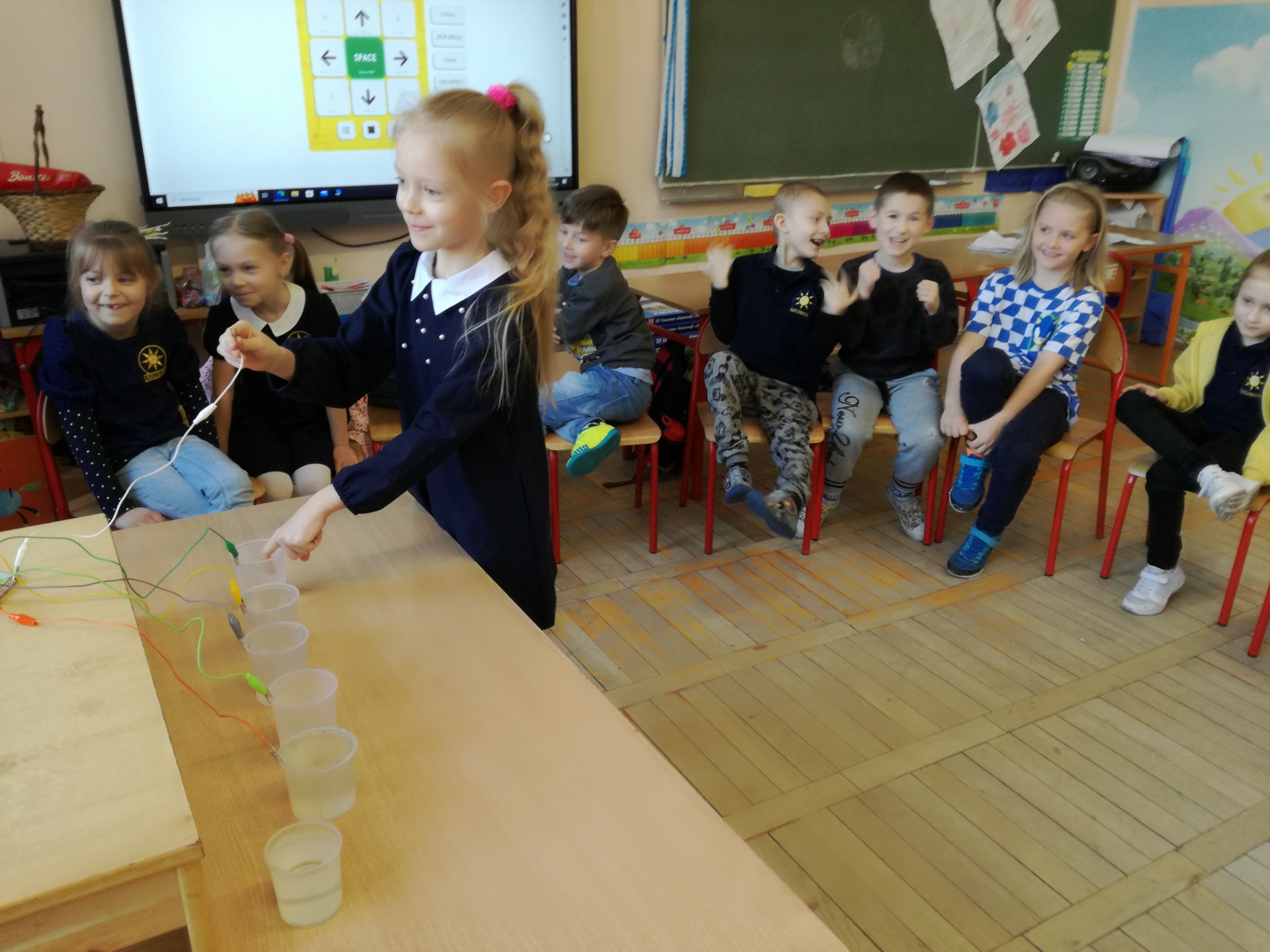 Uczniowie grają na kubkach z wodą tworząc muzykę przy użyciu aplikacji Makey Makey Sampler: