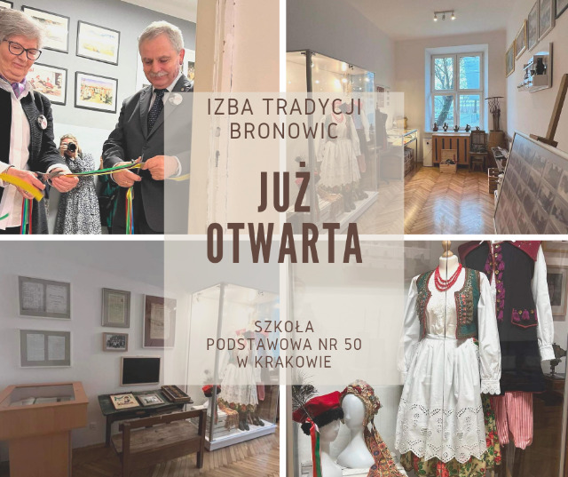 Miniatury zdjęć, na których przedstawiono Izbę tradycji i ich eksponaty np. stare biurko i strój krakowski. Na jednym ze zdjęć widać przecięcie wstęgi przez Pan Bogdana Smoka. 