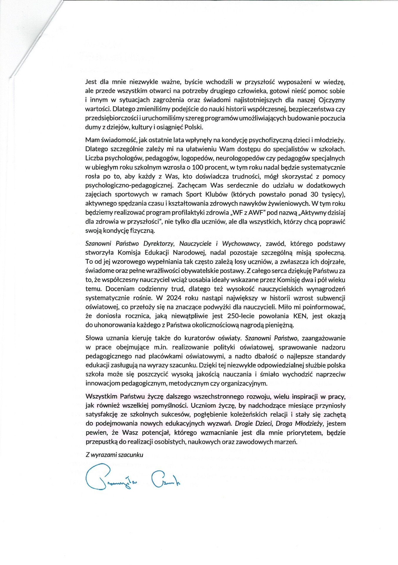 List Ministra Edukacji i Nauki p. Przemysła Czarnka na rozpoczęcie nowego roku szkolnego 2023/2024  - Obrazek 2