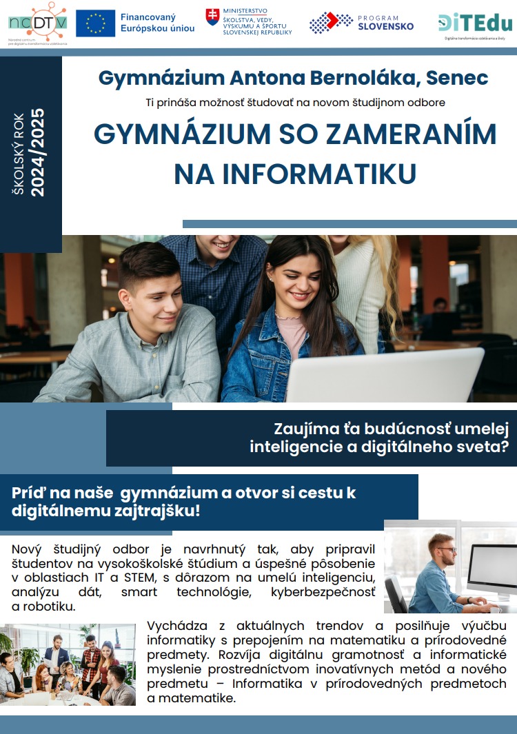 Plagát nového študijného odboru  na GAB - Gymnázium so zameraním na informatiku, 1. strana