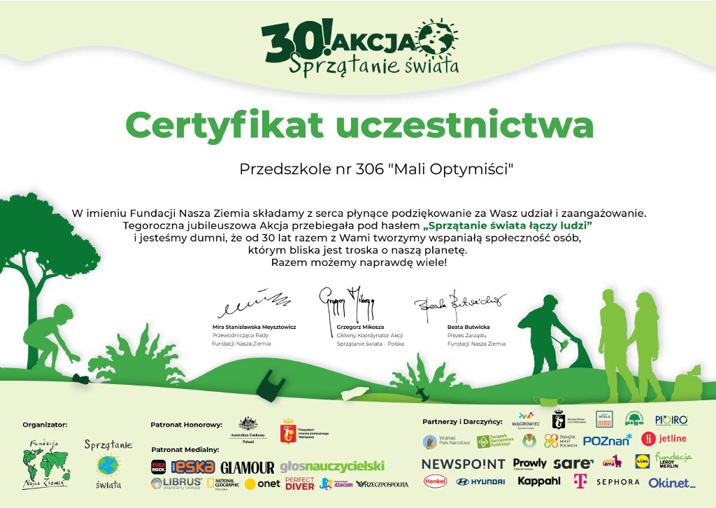 Zdjęcie przedstawia certyfikat uczestnictwa w akcji Sprzątanie Świata.