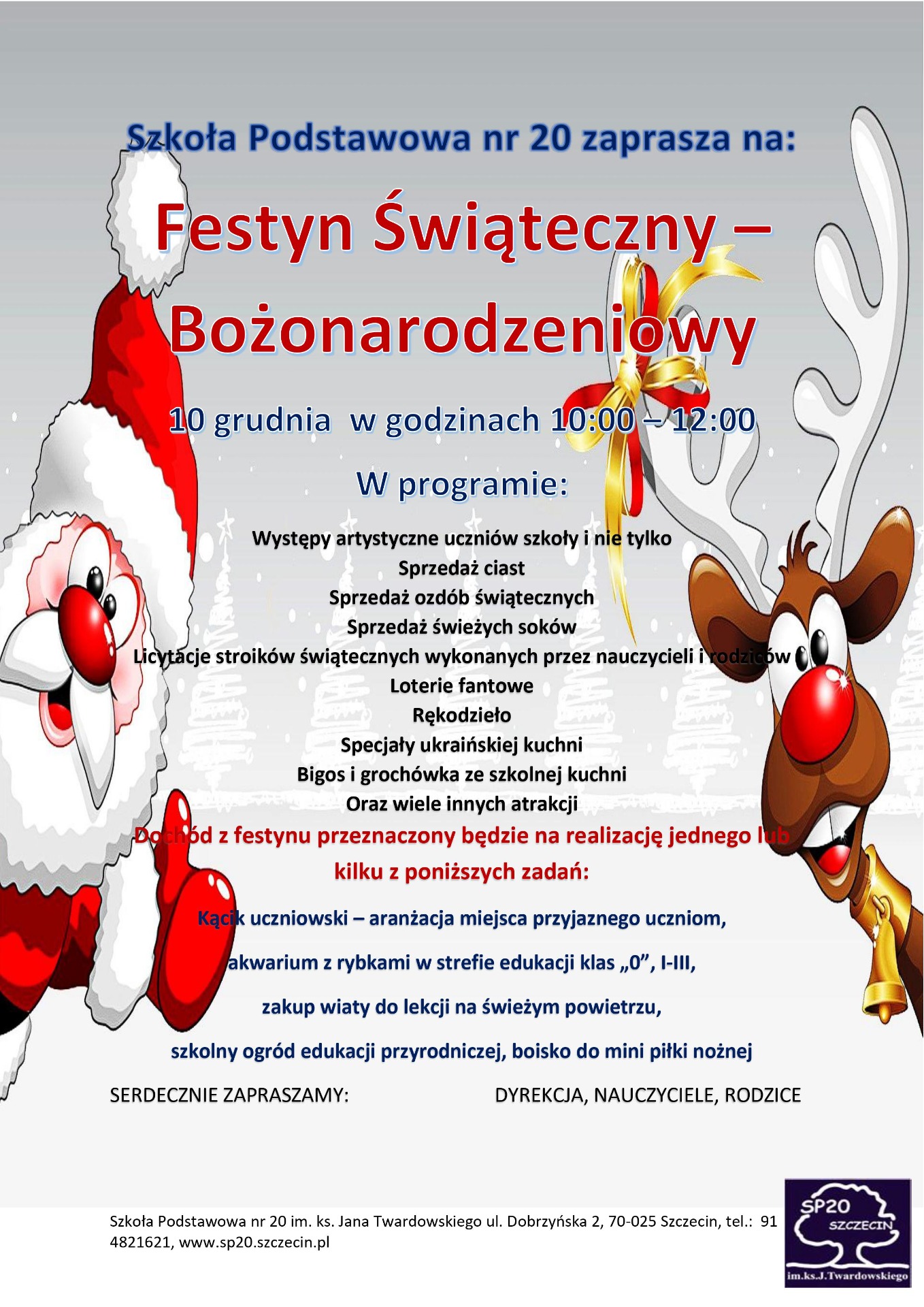 plakat przedstawiający Zaproszenie na festyn świąteczny - bożonarodzeniowy do Szkoły Podstawowej nr 20, który odbędzie się 10 grudnia 2022 roku, 