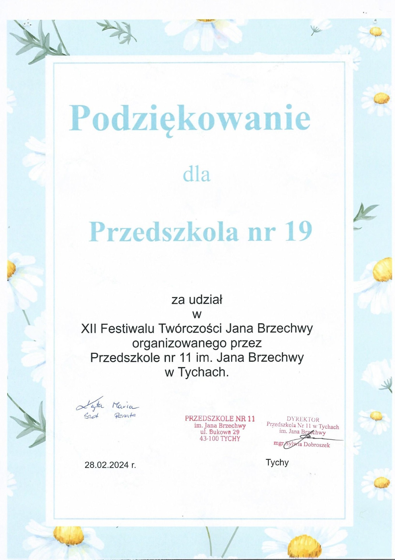 Dyplom - podziękowanie dla przedszkolaków za udział w festiwalu