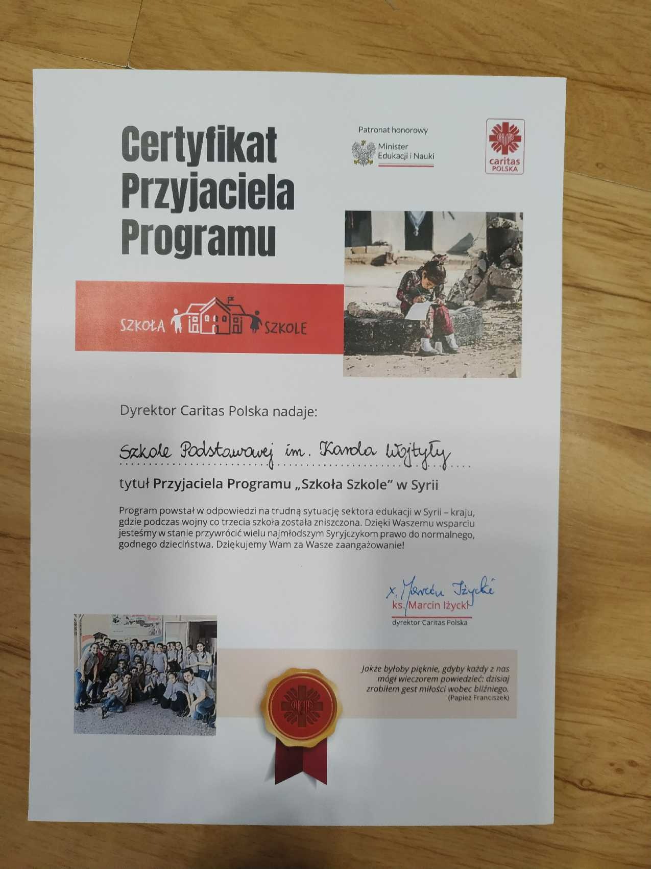 Certyfikat Przyjaciela Programu "Szkoła Szkole" w Syrii - Obrazek 1