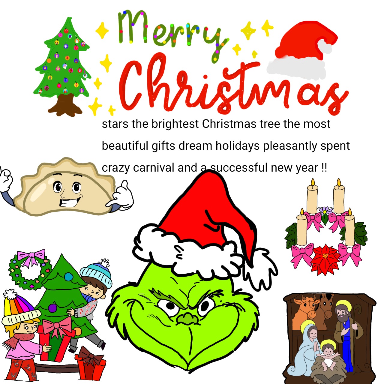 Kolorowa kartka świąteczna  z życzeniami w języku angielskim.